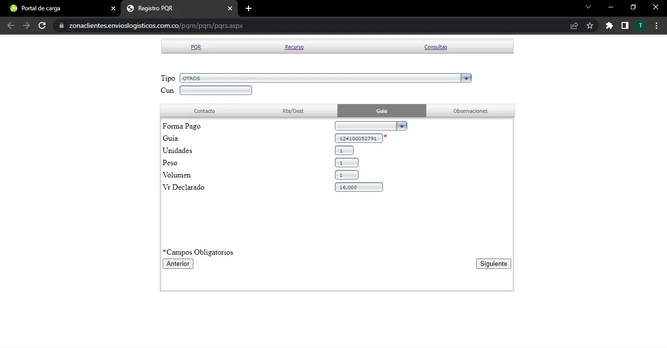 Paso 3 - Datos del Envío (Guía)
